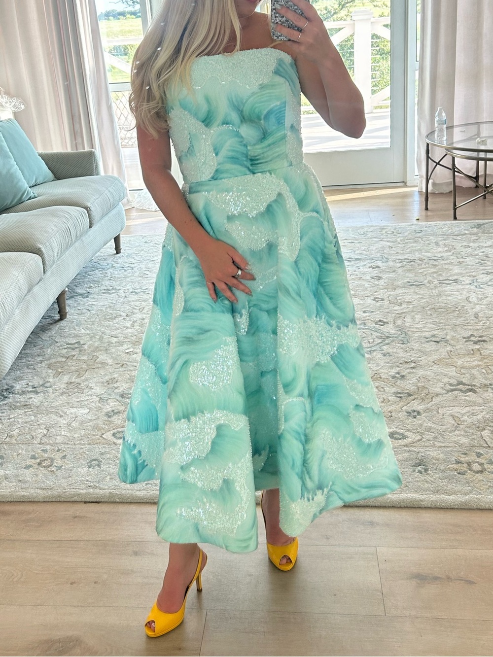 Aqua Floral Strapless Midi Dress